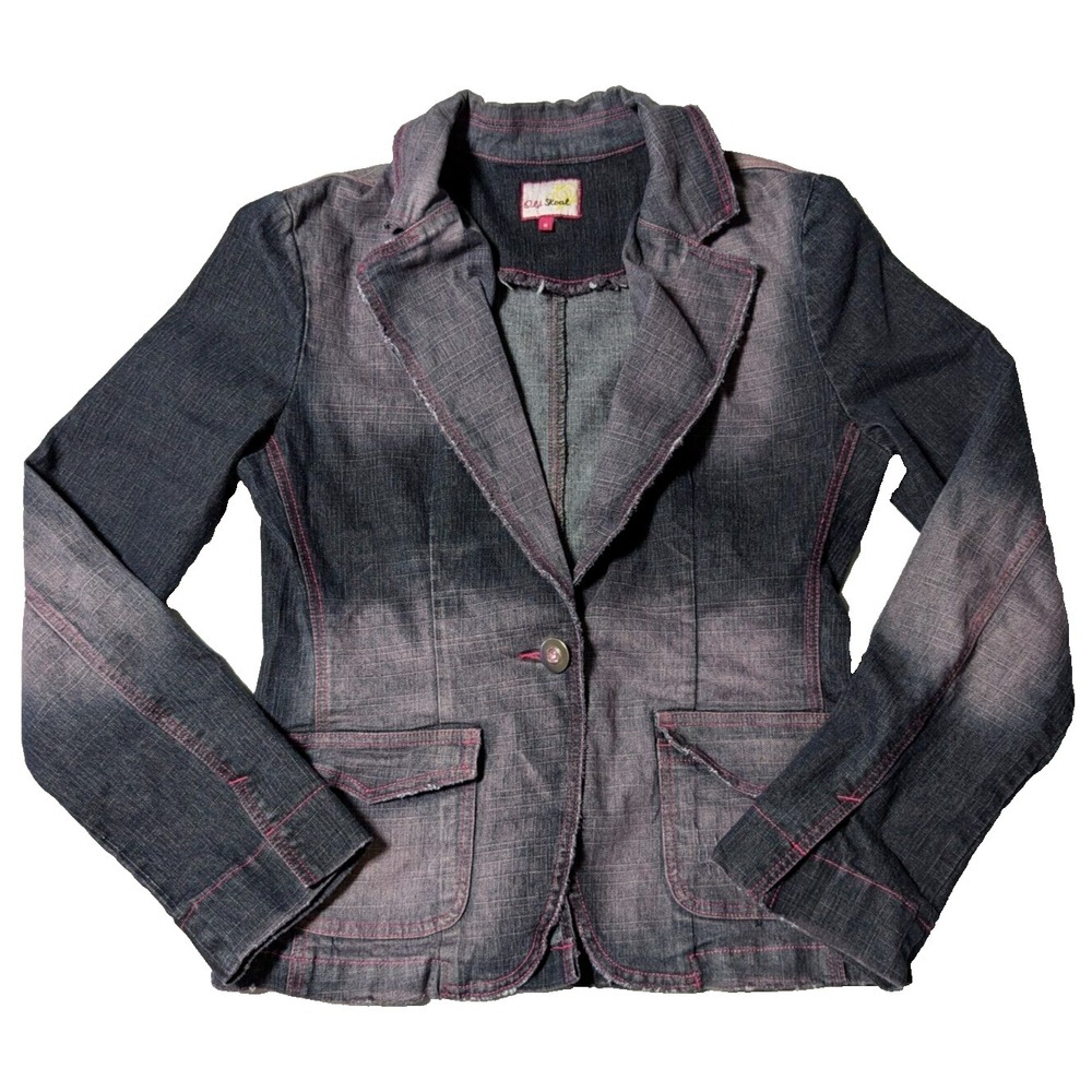 OLD SKOOL Women Juniors 1X (Large) Purple Blue‎ Pink Thread Stretch Denim Blazer